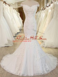 Beautiful White Tulle Zipper Wedding Gowns Sleeveless Brush Train Beading and Appliques