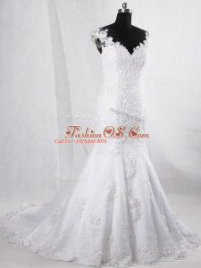Popular V-neck Sleeveless Tulle Wedding Gown Lace Brush Train Clasp Handle