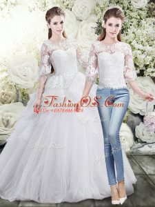 White Tulle Lace Up Scoop Half Sleeves Wedding Dresses Brush Train Lace and Ruffles