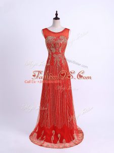 Red Column/Sheath Beading Going Out Dresses Zipper Tulle Sleeveless Floor Length