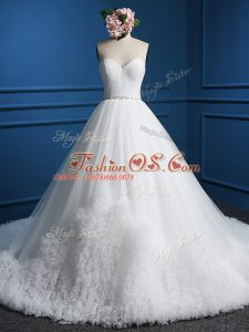 Most Popular Tulle Sleeveless Wedding Dress Court Train and Beading
