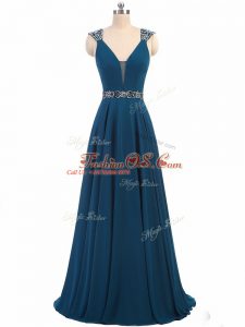 Teal Evening Dress Prom and Military Ball and Sweet 16 with Beading V-neck Cap Sleeves Lace Up