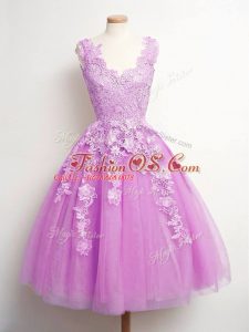Lilac Sleeveless Knee Length Lace Lace Up Bridesmaid Dresses