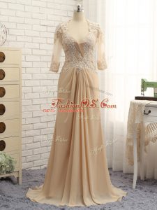 Champagne Mother Of The Bride Dress Chiffon Brush Train Long Sleeves Beading and Lace and Appliques