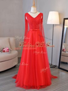 Lovely Sleeveless Floor Length Lace and Belt Lace Up with Red