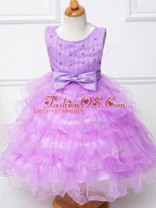 Lilac Little Girls Pageant Dress Wedding Party with Ruffled Layers and Bowknot Scoop Sleeveless Zipper