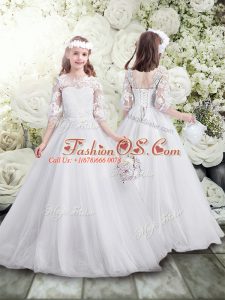A-line Toddler Flower Girl Dress White Scoop Tulle Half Sleeves Floor Length Lace Up
