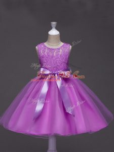 Great Lilac Ball Gowns Scoop Sleeveless Tulle Knee Length Zipper Lace and Belt Kids Pageant Dress