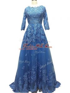 Glorious 3 4 Length Sleeve Brush Train Zipper Lace and Appliques Prom Dress