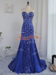 Adorable Royal Blue Column/Sheath Beading and Sequins Evening Gowns Zipper Tulle and Sequined Sleeveless