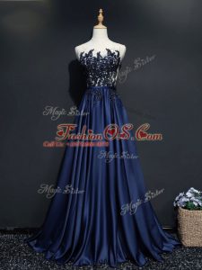 Pretty Navy Blue Empire Taffeta Scoop Sleeveless Beading and Appliques Zipper Brush Train