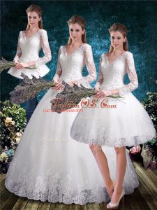 Perfect White V-neck Neckline Lace Wedding Dress 3 4 Length Sleeve Lace Up