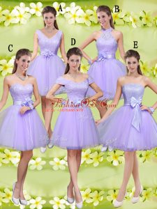 Cute Tulle V-neck Sleeveless Lace Up Lace and Belt Wedding Party Dress in Lilac