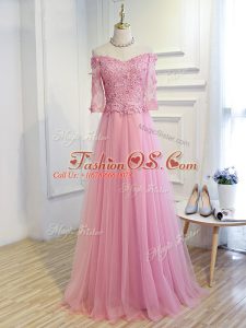 Artistic Pink A-line Off The Shoulder 3 4 Length Sleeve Tulle Floor Length Lace Up Beading and Lace and Appliques Mother Of The Bride Dress