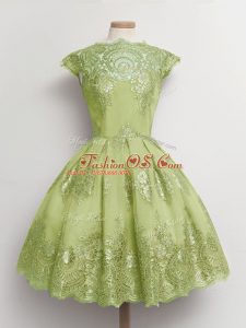 Scalloped Cap Sleeves Lace Up Vestidos de Damas Yellow Green Tulle