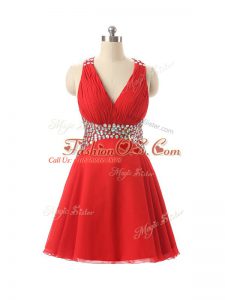 Red Club Wear Prom and Party and Sweet 16 with Beading V-neck Sleeveless Criss Cross