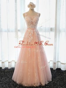 Luxury A-line Evening Dress Peach Scoop Tulle Sleeveless Floor Length Lace Up