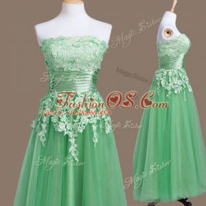 Cute Sleeveless Lace Up Tea Length Appliques Bridesmaid Dress