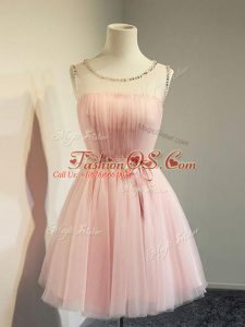 Baby Pink Long Sleeves Belt Knee Length Bridesmaid Gown