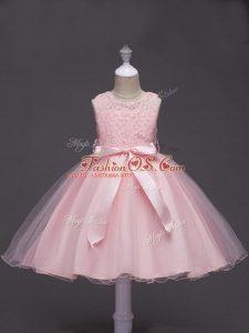 Attractive Knee Length Baby Pink Kids Formal Wear Tulle Sleeveless Lace and Belt