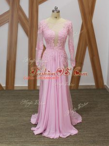 Scoop Long Sleeves Chiffon Mother Of The Bride Dress Lace and Appliques Brush Train Zipper
