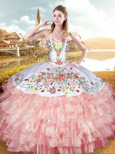Peach Ball Gowns Sweetheart Sleeveless Organza and Taffeta Floor Length Lace Up Embroidery and Ruffled Layers Quince Ball Gowns