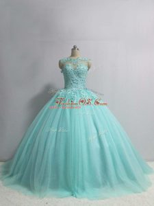 Floor Length Ball Gowns Sleeveless Aqua Blue 15th Birthday Dress Lace Up