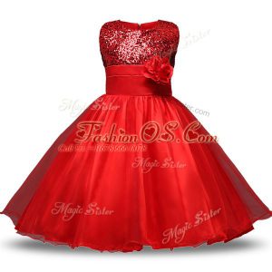 Dynamic Organza and Sequined Scoop Sleeveless Zipper Bowknot and Belt and Hand Made Flower Flower Girl Dresses for Less in Red
