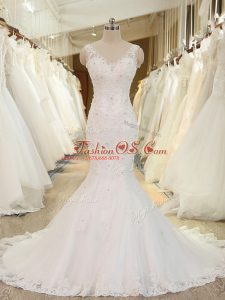 High Class Mermaid Sleeveless White Wedding Dresses Brush Train Backless