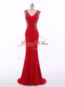 V-neck Sleeveless Womens Evening Dresses Brush Train Beading Red Chiffon