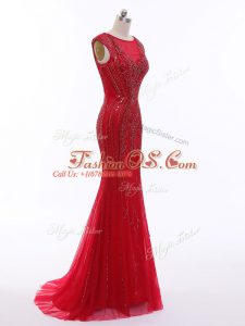 Red Zipper Scoop Beading Evening Wear Tulle Sleeveless Brush Train