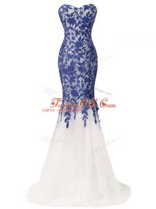 Brush Train Mermaid Evening Outfits Blue And White Sweetheart Tulle Sleeveless Zipper