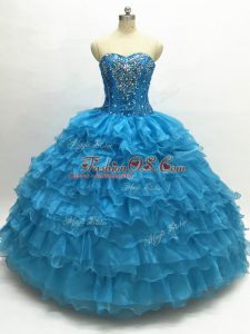Floor Length Teal 15th Birthday Dress Organza Sleeveless Beading and Ruffles