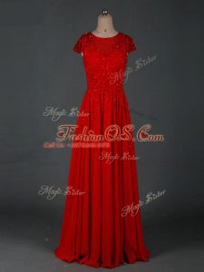 Red Chiffon Zipper Mother Of The Bride Dress Cap Sleeves Floor Length Beading