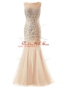 Champagne Mermaid Beading Prom Dress Zipper Tulle Sleeveless Floor Length