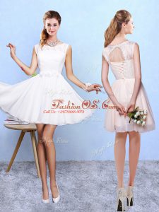 Graceful White A-line Lace and Appliques Vestidos de Damas Lace Up Chiffon Sleeveless Knee Length
