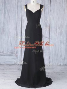 Inexpensive Black Bridesmaid Gown Straps Sleeveless Sweep Train Zipper