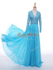 Custom Made Baby Blue Evening Wear Prom and Party and Military Ball with Lace and Appliques V-neck Long Sleeves Zipper