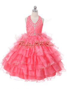 Beading and Ruffled Layers Little Girls Pageant Gowns Coral Red Lace Up Sleeveless Floor Length