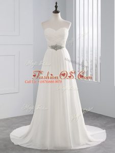 Noble White Sleeveless Chiffon Brush Train Lace Up Wedding Gowns for Beach and Wedding Party
