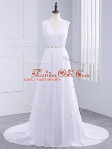 White Empire Chiffon V-neck Sleeveless Beading and Ruching Backless Bridal Gown Brush Train