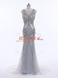 Low Price Scoop Cap Sleeves Tulle Evening Dress Beading Brush Train Zipper