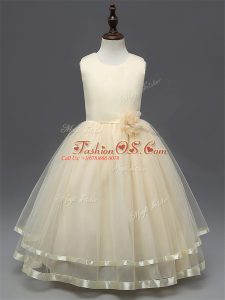 Champagne Ball Gowns Tulle Scoop Sleeveless Hand Made Flower Floor Length Zipper Pageant Gowns For Girls