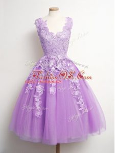 Exquisite Lilac A-line Appliques Wedding Party Dress Lace Up Tulle Sleeveless Knee Length