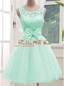 Knee Length Lace Up Wedding Party Dress Apple Green for Prom and Party and Wedding Party with Lace and Bowknot