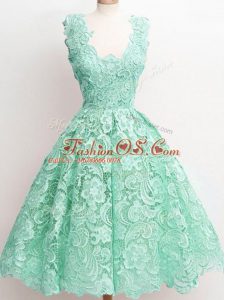 Apple Green Sleeveless Lace Knee Length Quinceanera Court Dresses