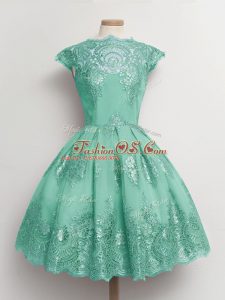Pretty Knee Length Turquoise Quinceanera Court Dresses Tulle Cap Sleeves Lace