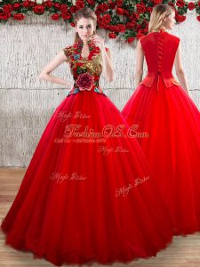 Customized Red Ball Gowns Organza High-neck Short Sleeves Appliques Floor Length Lace Up Vestidos de Quinceanera