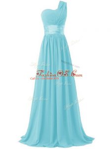 Aqua Blue Empire One Shoulder Sleeveless Chiffon Floor Length Lace Up Ruching Dama Dress