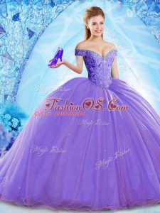 Dynamic Lavender Lace Up Off The Shoulder Beading Quinceanera Gown Organza Sleeveless Brush Train